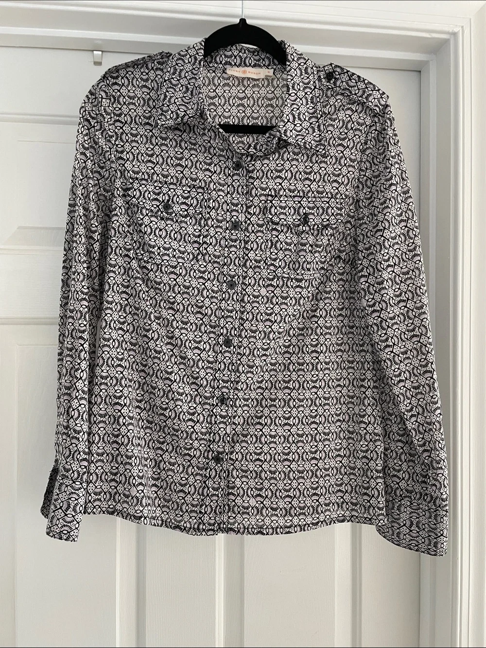 Tory Burch size 10 Black, White & Light Purple Patterned Blouse